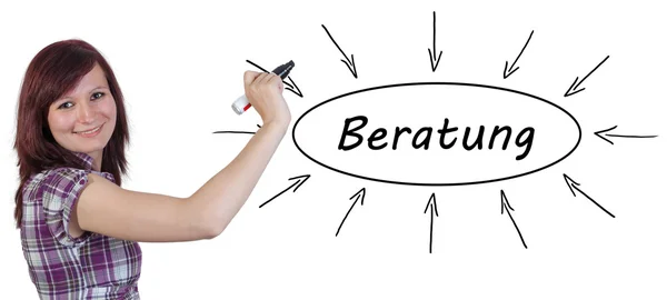 Beratung - german word for consulting - young businesswoman drawing information concept on whiteboard. — Stock Photo, Image