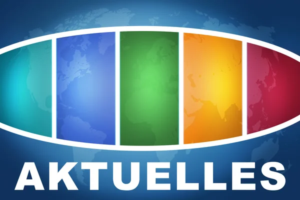 Aktuelles - german word for news, current, topically or updated text illustration concept on blue background with colorful world map — Stok fotoğraf