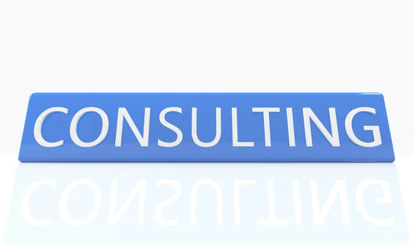 Consulting - 3d render blue box with text on it on white background with reflection — Stok fotoğraf