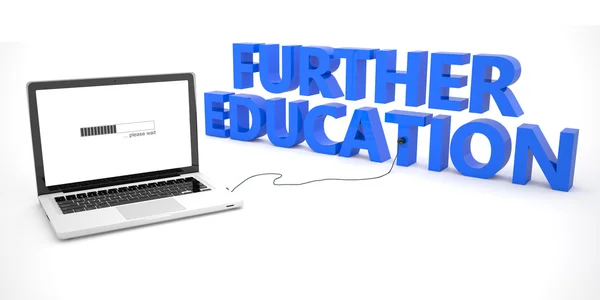 Further Education - laptop notebook computer connected to a word on white background. 3d render illustration. — Stockfoto