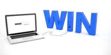 Win - laptop notebook computer connected to a word on white background. 3d render illustration.