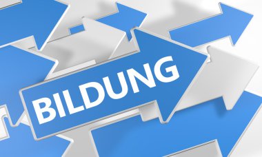 Bildung - german word for education - 3d render concept with blue and white arrows flying over a white background.