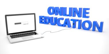 Online Eğitim - beyaz arka plan üzerinde bir kelimeye bağlı dizüstü dizüstü bilgisayar. 3D render illüstrasyon.
