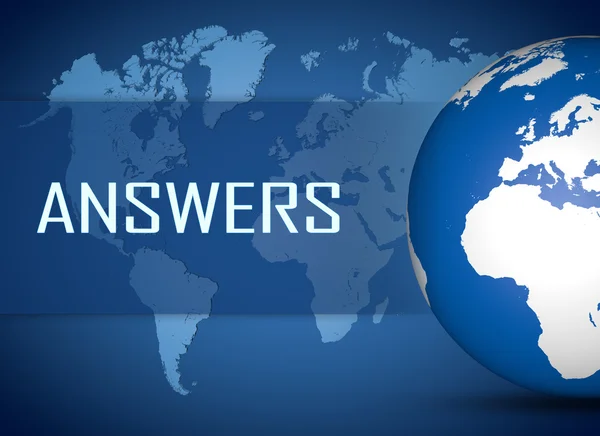 Answers concept with globe on blue world map background — Φωτογραφία Αρχείου