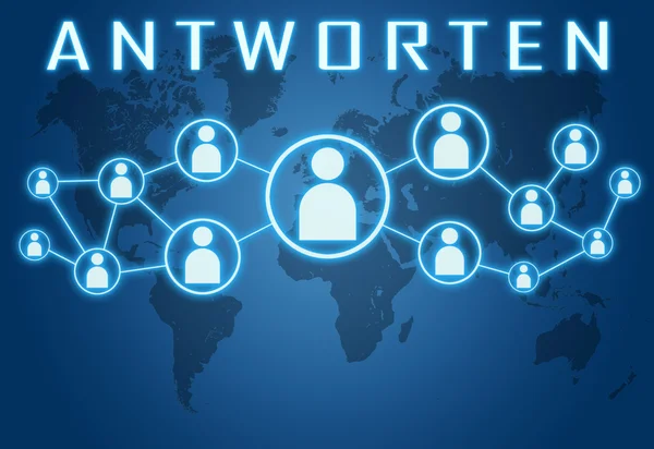 Antworten palavra alemã para responder ou responder conceito em fundo azul com mapa do mundo e ícones sociais . — Fotografia de Stock