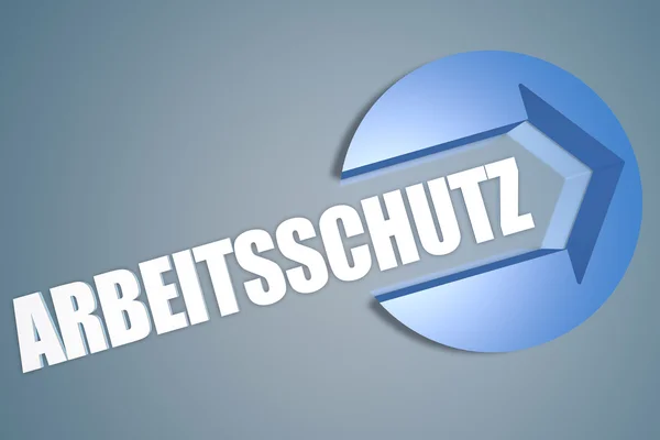 Arbeitsschutz - palavra alemã para proteção do emprego - conceito de ilustração de renderização 3D de texto com uma seta em um círculo em fundo azul-cinza — Fotografia de Stock