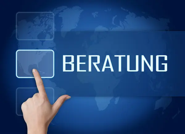 Beratung - γερμανική λέξη για τη διαβούλευση με την έννοια περιβάλλον εργασίας και παγκόσμιο χάρτη σε μπλε φόντο — Φωτογραφία Αρχείου
