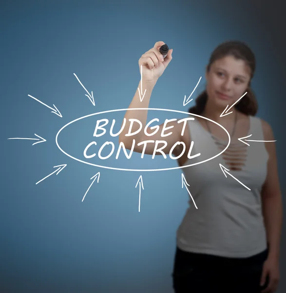 Budget Control - young businesswoman drawing information concept on transparent whiteboard in front of her. — 图库照片