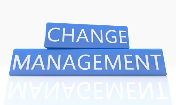 Change Management - 3D-Renderer blauer Rahmen mit Text darauf auf weißem Hintergrund mit Reflexion — Stockfoto