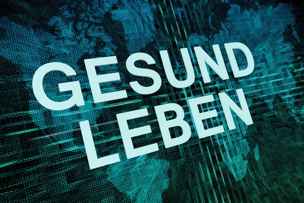 Gesund leben - german word for healthy living text concept on green digital world map background — Stock fotografie