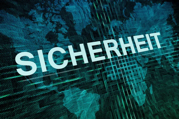 Sicherheit - german word for safety or security text concept on green digital world map background — Stock Photo, Image