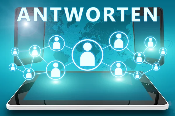 Antworten - german word for answer or respond - text illustration with social icons and tablet computer and mobile cellphones on cyan digital world map background — 스톡 사진