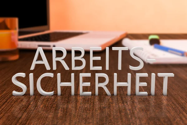 Arbeitssicherheit - german word for work safety - letters on wooden desk with laptop computer and a notebook. 3d render illustration. — 스톡 사진