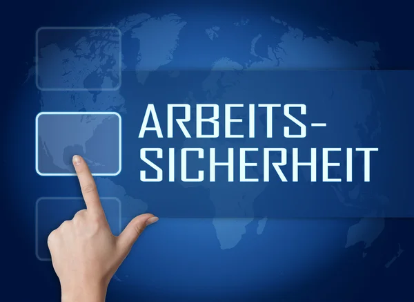 Arbeitssicherheit - palabra alemana para concepto de seguridad en el trabajo con interfaz y mapa del mundo sobre fondo azul —  Fotos de Stock