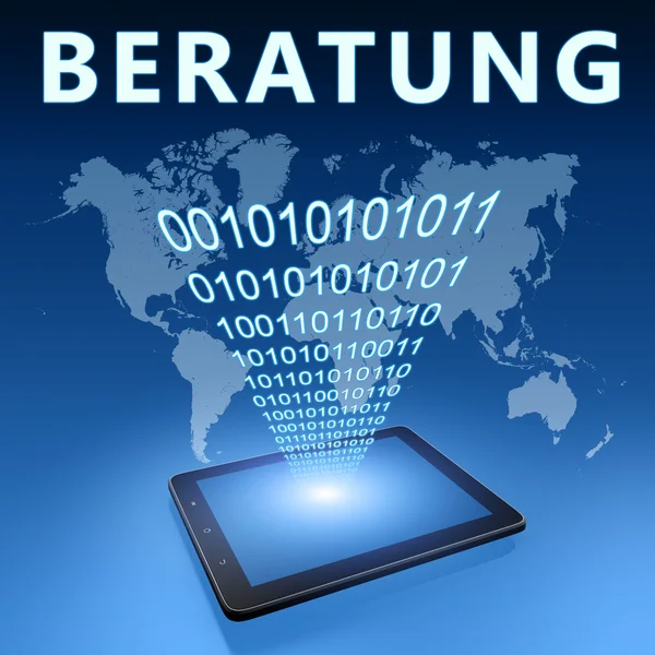 咨询-咨询与平板电脑在蓝色背景上的插图的德语词 — 图库照片