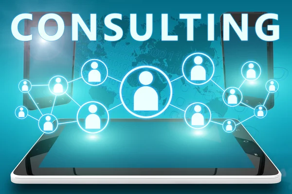 Consulting - text illustration with social icons and tablet computer and mobile cellphones on cyan digital world map background — Stock fotografie