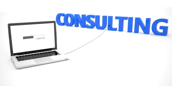 Consulting - laptop notebook computer connected to a word on white background. 3d render illustration. — Stockfoto