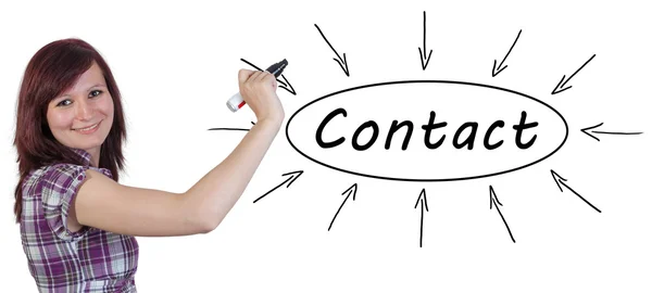 Contact - jonge zakenvrouw informatie concept tekenen op het whiteboard. — Stockfoto