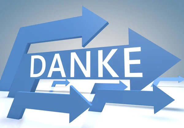 Danke - german word for thank you - render concept with blue arrows on a bluegrey background. — Stock Fotó