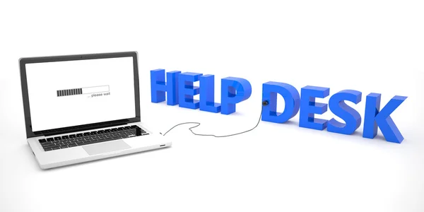 Help Desk - laptop notebook computer connected to a word on white background. 3d render illustration. — Stock Photo, Image