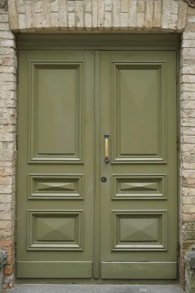 Porta Verde Folha Dupla Entrada Grande Para Uma Casa Pedra — Fotografia de Stock