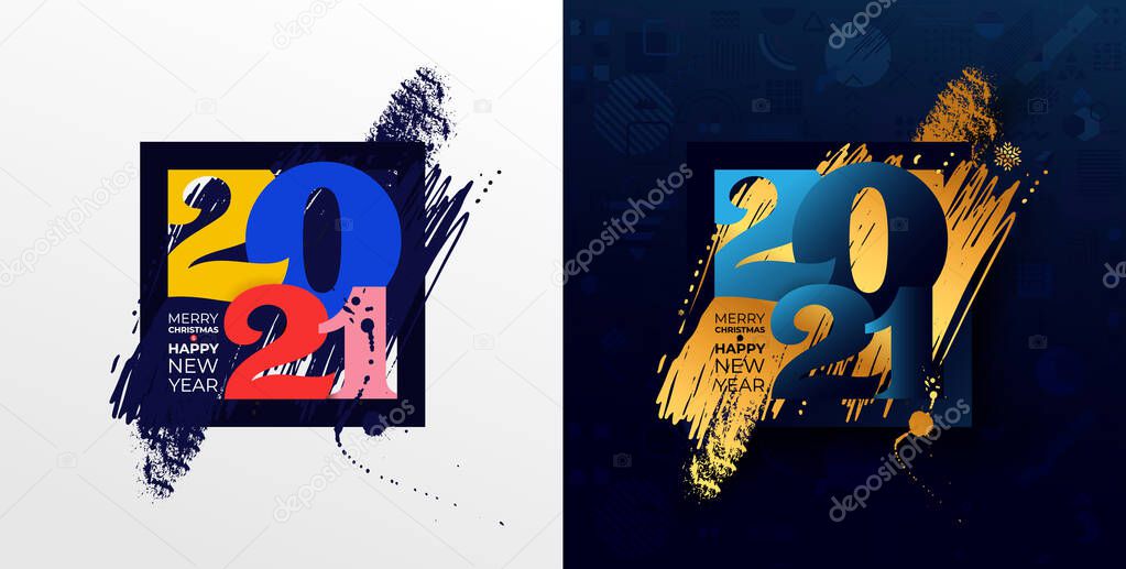New Year brush stroke  2021 colored. Elegant brushes of 2021 logo numbers. Perfect typography for design and new year celebration invite. Christmas vector illustration. Isolated on white background.
