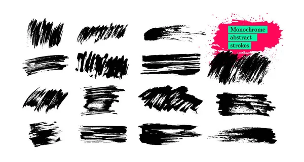 Набір Монохромних Чорних Абстрактних Штрихів Пензлів Гранжевих Текстур Рука Намальована — стоковий вектор
