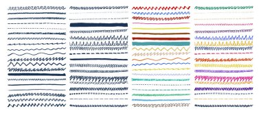 Çizgiler, renkli, siyah ve beyaz el çizgileri, karalama çizgileri, farklı kalınlık fırça çizgileri. Çerçeve ve sınır unsuru. Vektör çizimi. Beyaz arkaplanda izole.