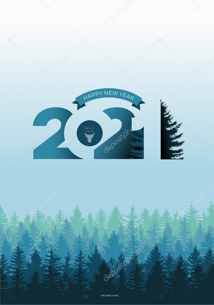 Happy New Year 2021 script text design lettering. Template Celebration typography poster, banner or greeting card for Merry Christmas & 2021 New Year. Vector illustration on green forest background.
