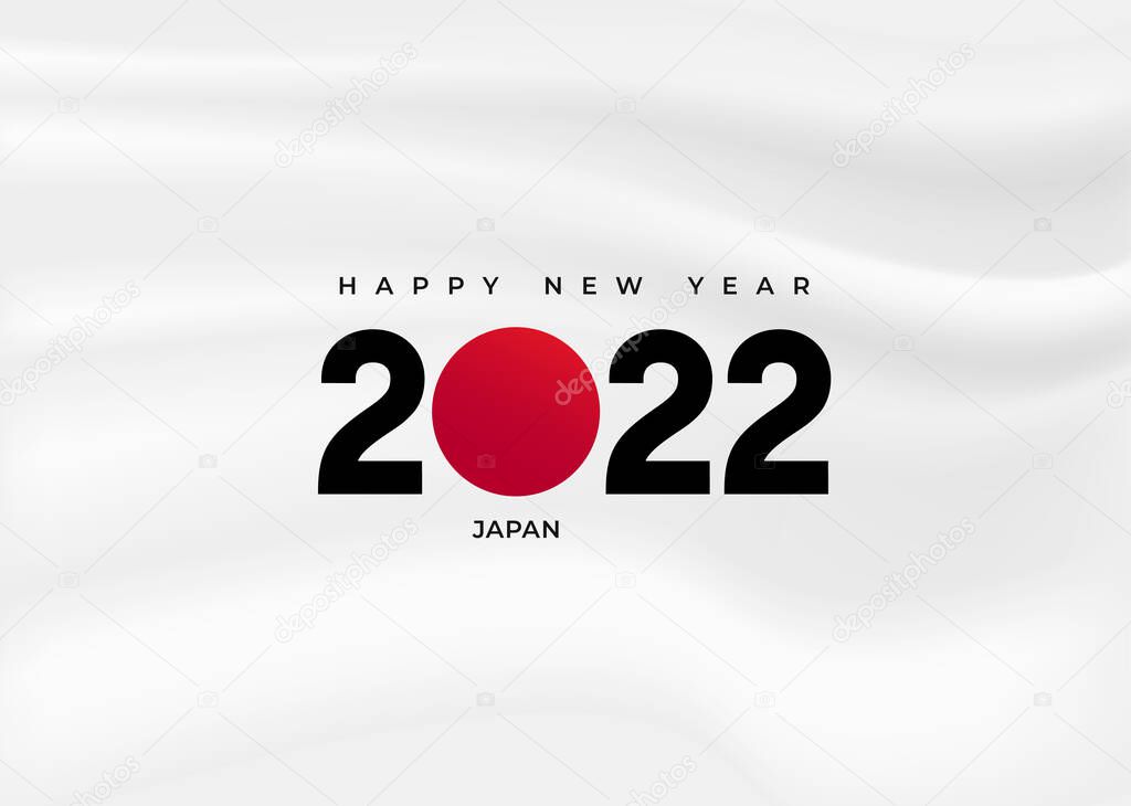 Happy New Year text banner or poster. 2022 Japanese flag logo, template for logo. 2022 Year Update. Design for banner, greeting cards, brochure or print. Vector isolated on white background.