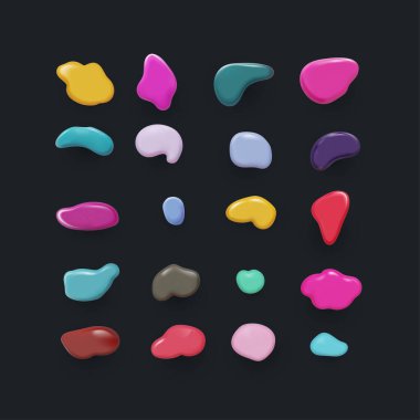 Rasgele gerçekçi lekeler, mürekkep lekesi. Renkli, siyah organik leke, leke. Bir damla sıvı, sıvı. Çakıl taşı, taş siluet. Mürekkep lekesi, noktalı nokta düzensiz şekil. Vektör temel, basit yuvarlak, düz form