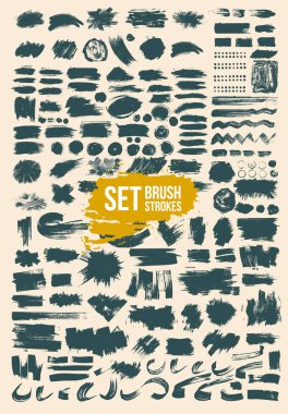 Büyük bir moda boya koleksiyonu, mürekkep fırçası darbeleri, fırçalar, çizgiler, grungy. Kirli sanatsal tasarım unsurları, kutular, çerçeveler. Vektör illüstrasyonu. Beyaz arka planda izole edilmiş. Serbest çizim.