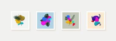 Botanik duvar resimleri seti. Soyut şekilli el yazısıyla yaprak çizimi. Baskı, kapak, duvar kağıdı, asgari ve doğal duvar sanatı için bitki tasarımı. Vektör çizimi. Beyaz arkaplanda izole.