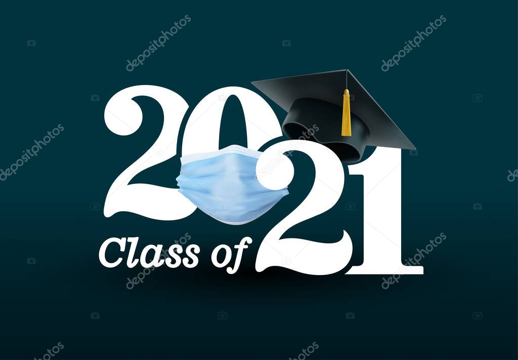 Quarantine graduation class of 2021. ?ongratulatory concept logo for flyers, poster, prom invitations, greeting card, T-shirt uniform emblems. Vector illustration Isolated on black background.