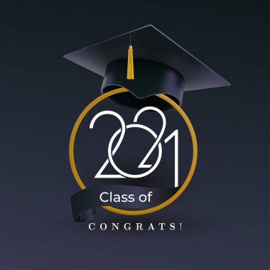 Class of 2021 with graduation cap. Congratulations on graduation with the inscription graduate. Vector illustration template for design party high school or college, graduation invitations clipart