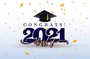 Mezuniyet şapkalı 2021 sınıfı. 2021 Mezuniyet Kaptanı Bayrağı. Mezuniyet el yazısı harflerini kutlarım. Tasarım partisi lisesi veya üniversite için vektör illüstrasyon şablonu, mezuniyet davetiyeleri.