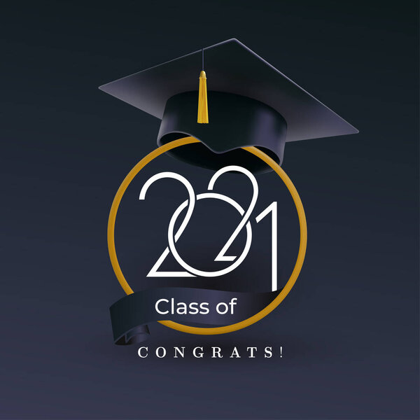Class of 2021 with graduation cap. Congratulations on graduation with the inscription graduate. Vector illustration template for design party high school or college, graduation invitations