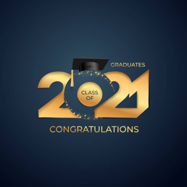 2021 sınıfı ve mezuniyet şapkasıyla mezun oluyor. Tasarım ve tema tasarımı için vektör. Beyaz arkaplanda izole edilmiş renkli ve etiketli vektör çizimi.