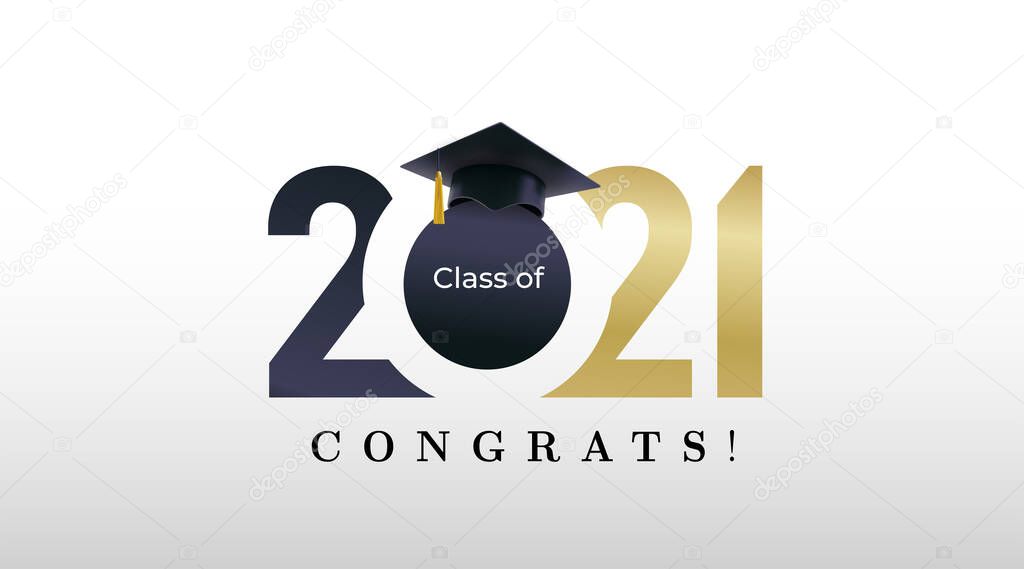 Class of 2021 graduation with golden numbers. Class of 20 and 21 congratulations graduate design with decoration gold beams for cards, invitations or banner. Vector. Isolated on white background.