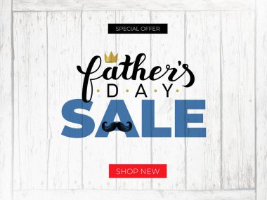 Babalar Günü satış promosyon tasarımı için özel teklif. Babalar Günü özel programı indirimli pankart, poster, web sitesi, sosyal ağlar. Ahşap arkaplanda izole edilmiş etiketli vektör illüstrasyonu.
