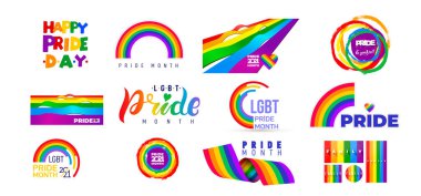 LGBT Gurur Ayı 2021. Yıllık kutlama. LGBT bayrak fırça darbesi. Gurur çizgisi soyut logosu. İnsan hakları ve hoşgörü. Vektör illüstrasyonu beyaz arkaplanda izole edildi.