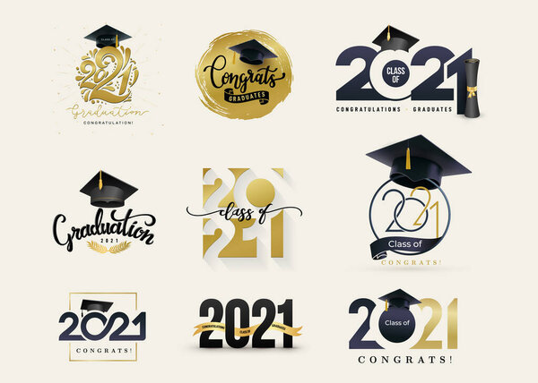 Set of Class of 2021 badges. Concept design for shirt, print, seal, overlay or stamp, greeting, invitation card, seal or stamp. Typography vector grad labels big collection.