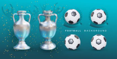 Futbol şampiyonası 2020 arka plan. Euro 2020 tasarım arkaplan futbolu veya futbol dokusu. Kazanan için gerçekçi toplar ve kupalar. Poster şampiyonası moda duvar kağıdı. Vektör stok illüstrasyonu.