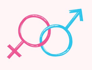 Cinsiyet, ilişki ve cinsiyet ikonu, birbirine bağlı erkek ve kadın sembolü. El çizimi sembol. Farklı kırmızı ve mavi, elle çizilmiş işaretler, semboller. Yazdırma, yapıştırma defteri, grafik tasarımı, kart için vektör.