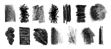 Siyah tebeşirle çizilmiş el çizimleri eski püskü desenli elementler. Paslı sıkıntılı efektli tek renkli grunge lekeleri. Soyut kaba işaretler. Arkaplan ve tasarım için dijital olarak oluşturulmuş vektör.