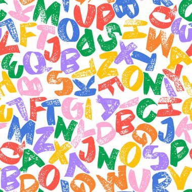 Kusursuz desenli renkli alfabe bitti. Şişme ekran yazı tipi grunge strese girmiş büyük harfler, punk stencil grafiti stili ve kalın fırça desenli. Kusursuz yazı tipi beyaz arkaplan.