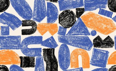 Yumuşak kaba dokuya sahip kusursuz grunge geometrik şekiller. Pastel boya ya da pastel renkli kalın şekiller çizmiş. Gürültü kömür etkisi olan şekiller. Altıgen, daire, oval, dikdörtgen, soyut tasarım için kare.