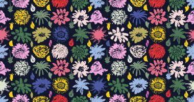 Elle çizilmiş kasımpatı ve paskalya çiçekleri ile kusursuz çiçek deseni. Dal ve yapraklı kuru fırça stili botanik motifler. Pastel boyalı çiçek, kumaş için zarif tekrar baskı, ambalaj kağıdı..