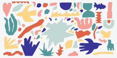 Matisse renkleri geometrik ve organik şekilleri en az modaya uygun şekilde oluşturur. Logolar, şablonlar, posterler, kapaklar, kartpostallar, markalaşma ve modern yaratıcı tasarım için kağıt kesme elementleri.