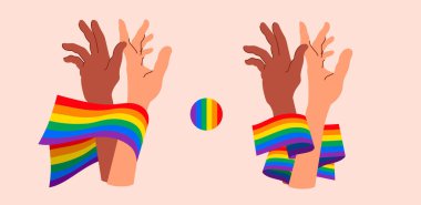 Çift cinsiyetli olmayan bir çiftin elleri LGBT gurur bayrağını taşıyor. Sevgiyi, birliği, transseksüel, eşcinsel insanlar arasındaki farklılığı sembolize ediyor. Hoşgörü, eşitlik ve insan haklarını destekleyen Onur Ayı kavramı.